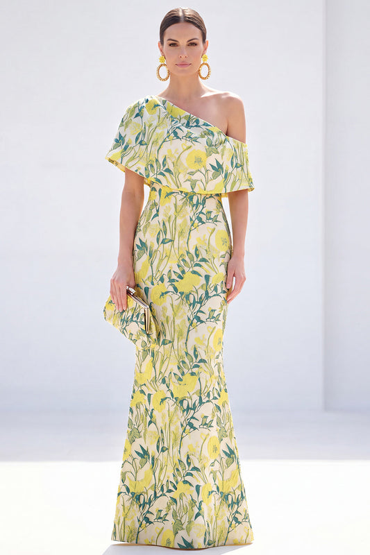 Robe longue jaune sirène asymétrique à fleurs pour mère de la mariée
