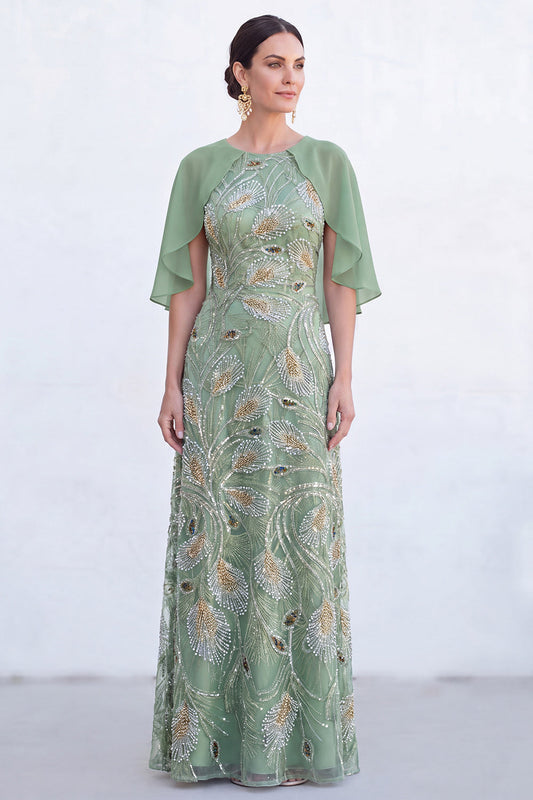 Robe longue de mère de la mariée vert coupe trapèze avec perles, col rond et cape