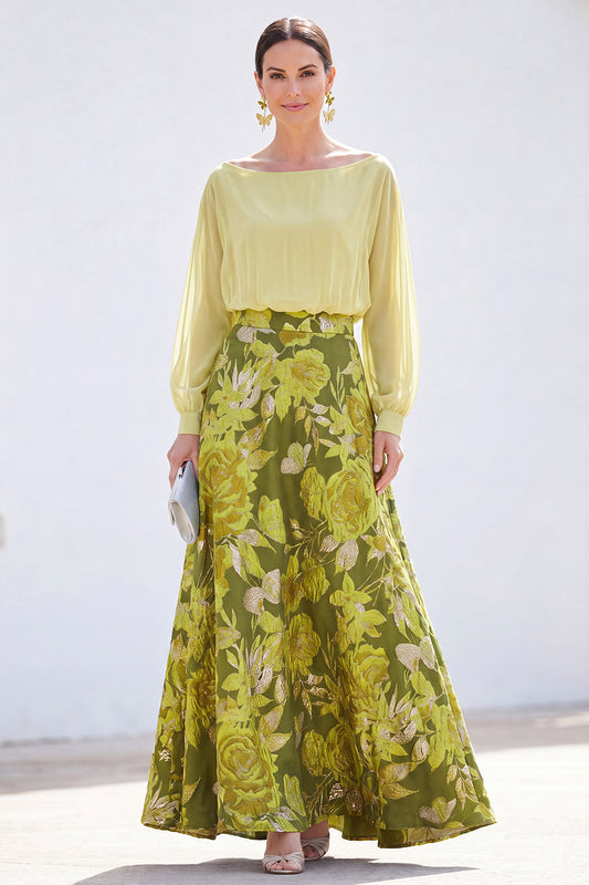 Robe longue de mère de la mariée verte trapèze en jacquard floral à col bateau 2 pièces