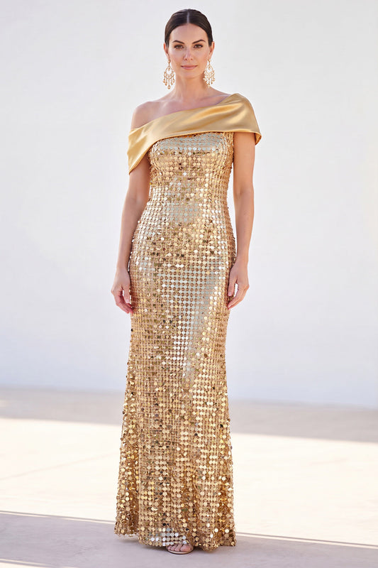 Robe longue sirène scintillante dorée à sequins et à une épaule pour la mère de la mariée