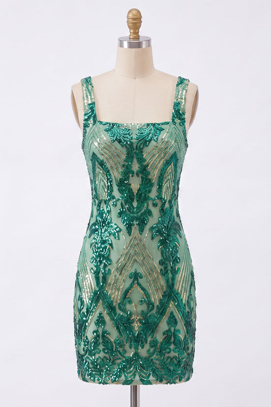 Robe de soirée moulante à col carré en sequins vert foncé scintillant