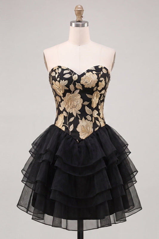 A-Line Gold and Black Sweetheart Floral Tiered Homecoming Dress with Lace-Up Back