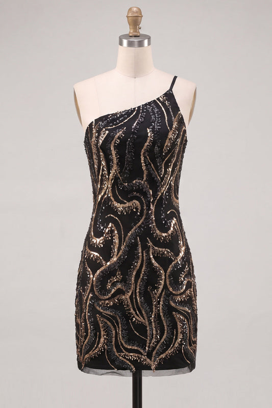 Vestido de fiesta ajustado con lentejuelas negras y un solo hombro, brillante