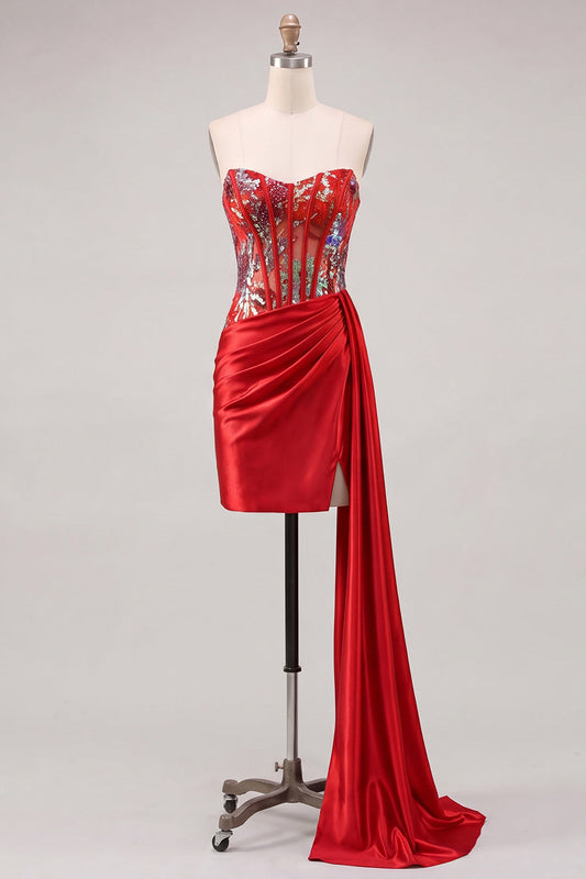 Sweetheart Red Bodycon Sheer Corset Ruched Sequin Sash Homecoming Dress