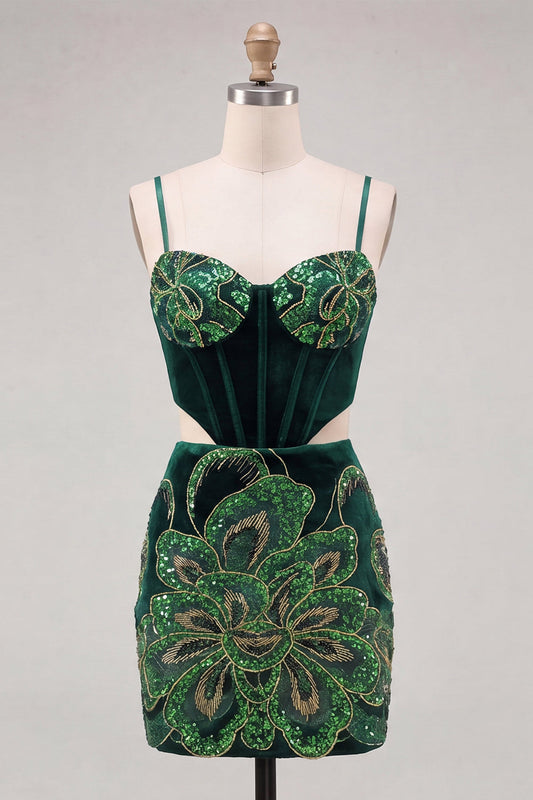 Robe de soirée moulante vert foncé avec corset, sequins floraux, découpes et laçage au dos