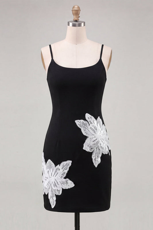 Black Floral Spaghetti Straps Sequins Homecoming Dress