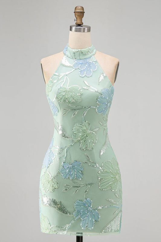 Robe de cocktail vert menthe moulante à licou et à sequins floraux