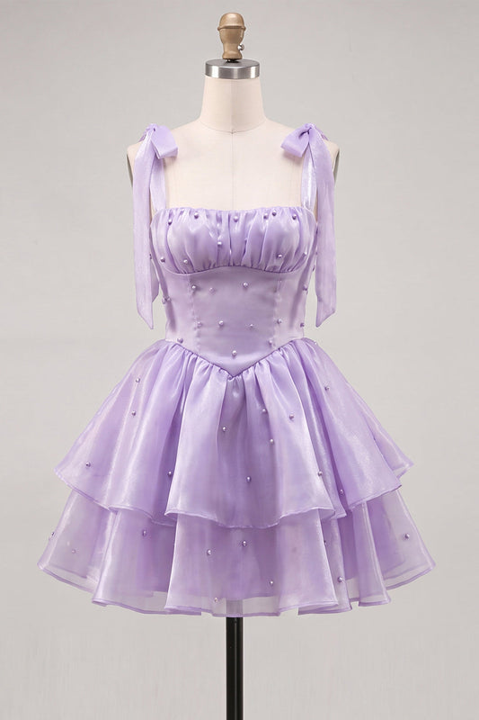 Lilac Pearl Mini Fairy Tale Tiered Homecoming Dress with Lace-Up Back