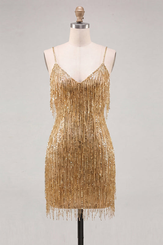 Gold Bodycon Spaghetti Straps Sequins Cocktail Dress with Fringes