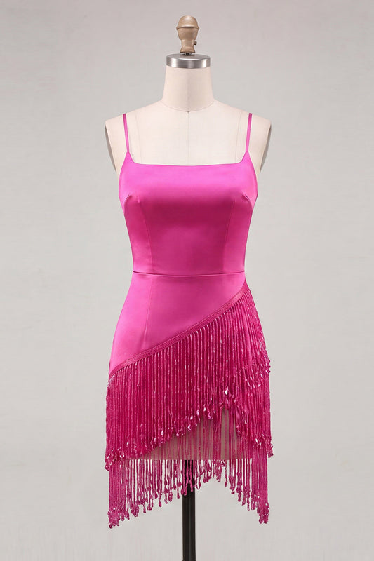 Satin Fuchsia Bodycon Spaghetti Straps Short Homecoming Dress with Fringes