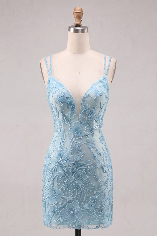 Light Blue Bodycon Spaghetti Straps Floral Short Homecoming Dress with Beading