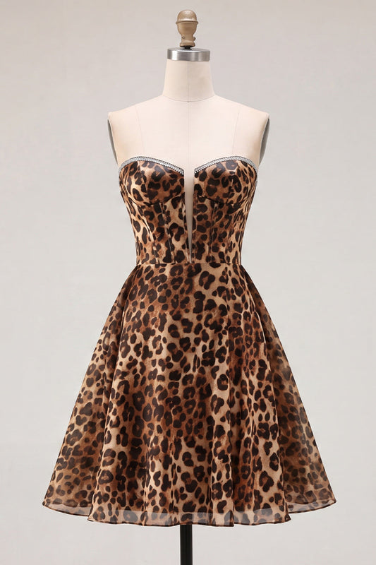 Brown Leopard A-Line Strapless Short Homecoming Dress with Beading