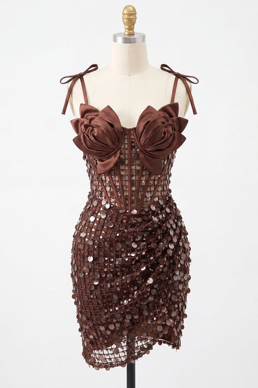 Bodycon Sheer Corset Ruched Sequins Bowed Straps Short Homecoming Dress