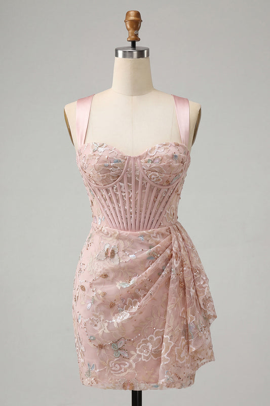 Blush Bodycon Halter Neck Corset Lace-Up Back Ruched Homecoming Dress with Sash