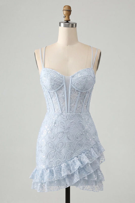 Light Blue Bodycon Corset Lace-Up Back Sequin Homecoming Dress with Ruffles