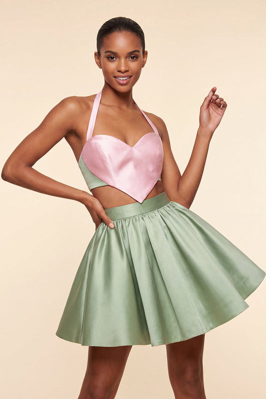 Robe de bal de retour en satin, 2 pièces, coupe trapèze, dos nu, rose et vert