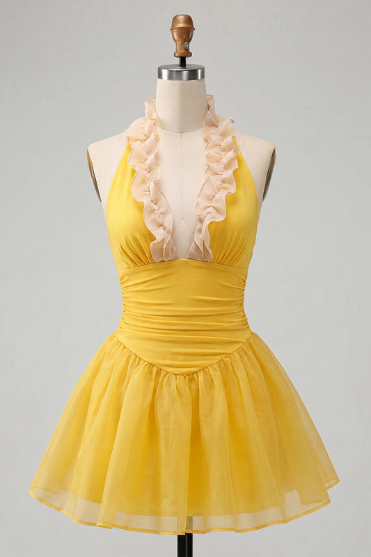 Yellow A-Line Halter Neck Ruffled Ruched Homecoming Dress with Lace-Up Back