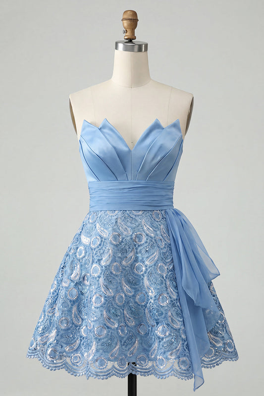 Sky Blue A-Line Sweetheart Sequins Lace Up Back Homecoming Dress with Sash