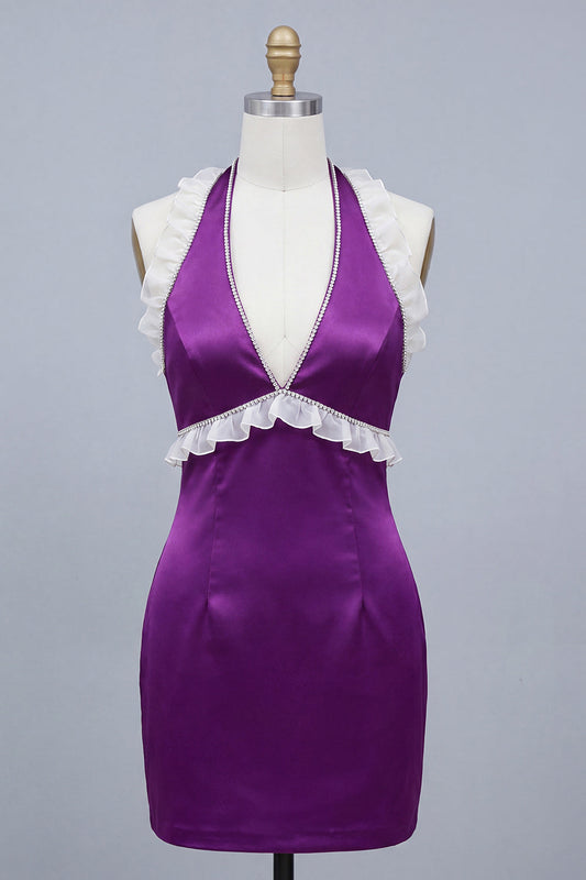 Vestido corto de regreso a casa de satén morado ajustado con cuentas y cuello halter con espalda con cordones