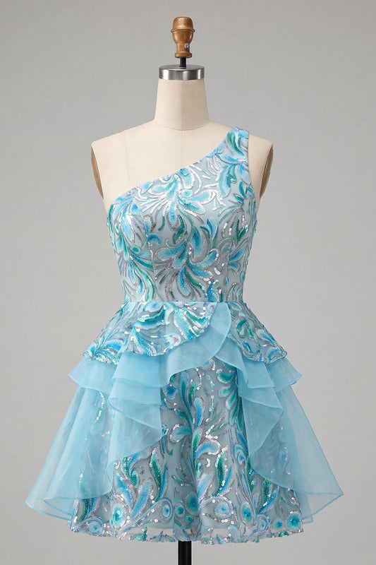 Light Blue A-Line One-Shoulder Sequined Ruffled Homecoming Dress with Lace-Up Back