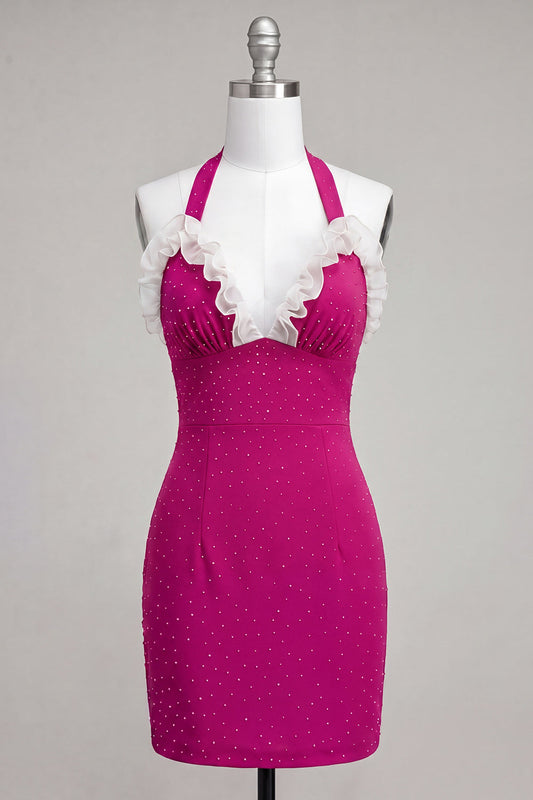 Fuchsia Bodycon Halter Neck Ruffled Lace Up Back Homecoming Dress with Beading