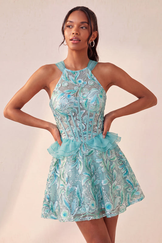 Lake Blue Corset Halter Neck Sequins A-Line Ruffle Lace-Up Back Homecoming Dress
