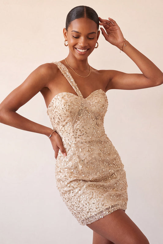 Champagne Bodycon One-Shoulder Lace-Up Back Sequin Homecoming Dress