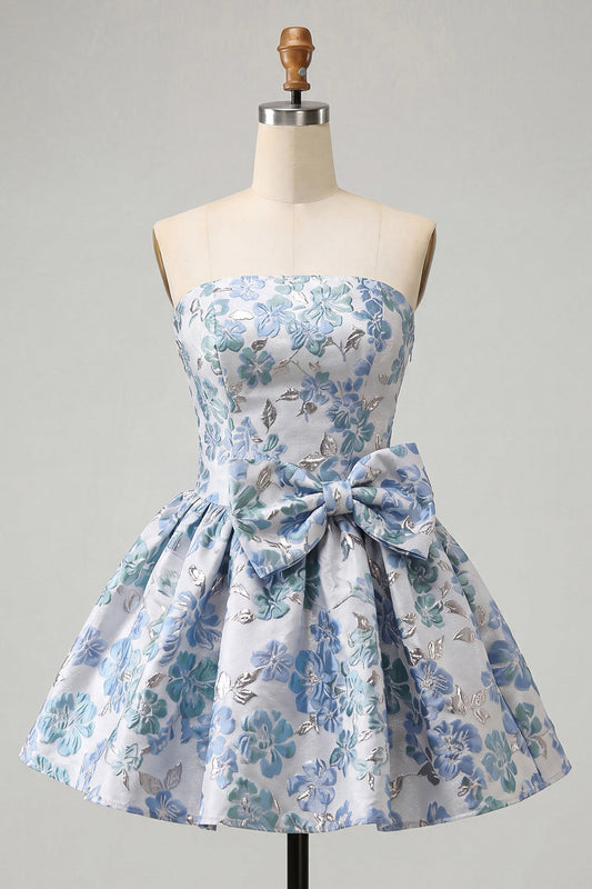 Dusty Blue Strapless A-Line Jacquard Floral Lace Up Back Homecoming Dress with Bow