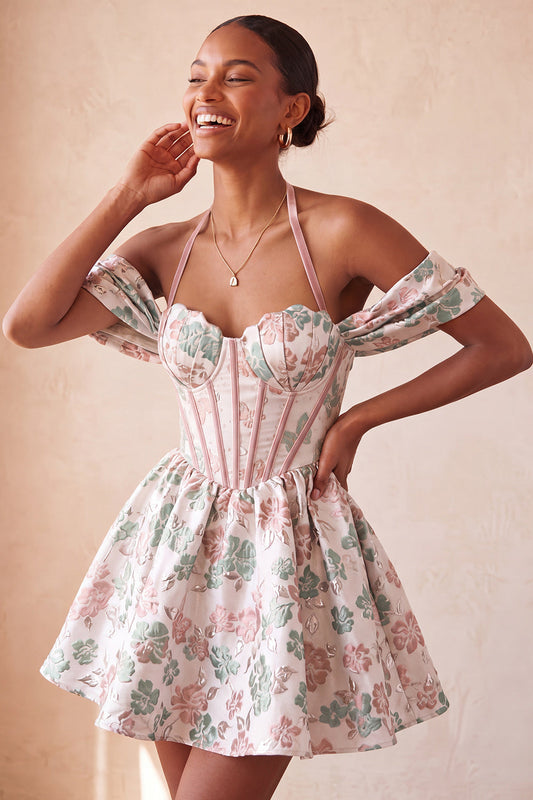 Light Pink Halter Neck A-Line Corset Jacquard Floral Homecoming Dress with Lace Up Back