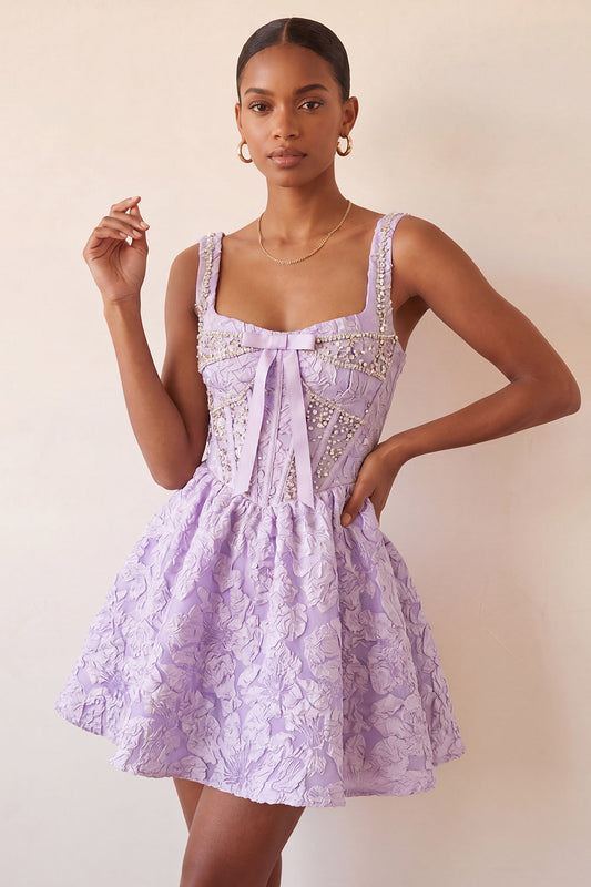 A-Line Light Purple Square Neck Corset Jacquard Lace-Up Back Beaded Homecoming Dress