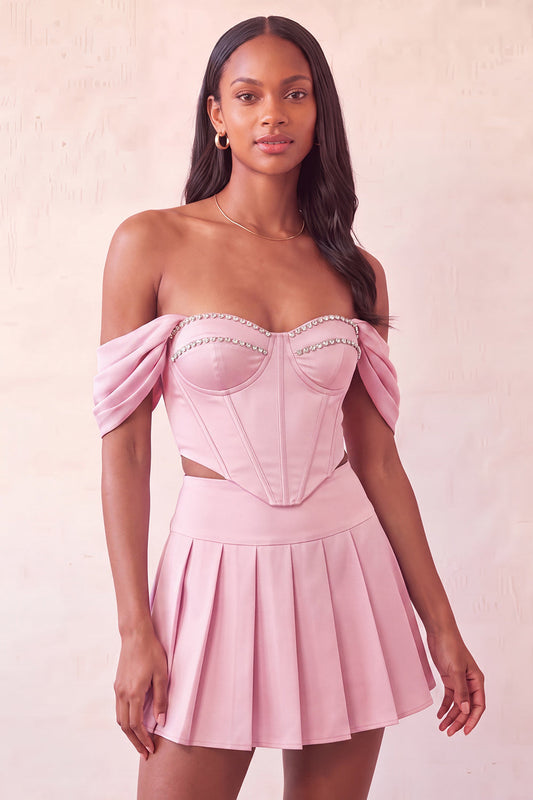 Off The Shoulder Light Pink Corset Pleated 2 Piece Homecoming Dress with Beading