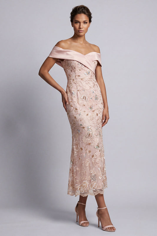 Blush Off-the-Shoulder Beaded Mermaid Midi Mother of the Bride Dress