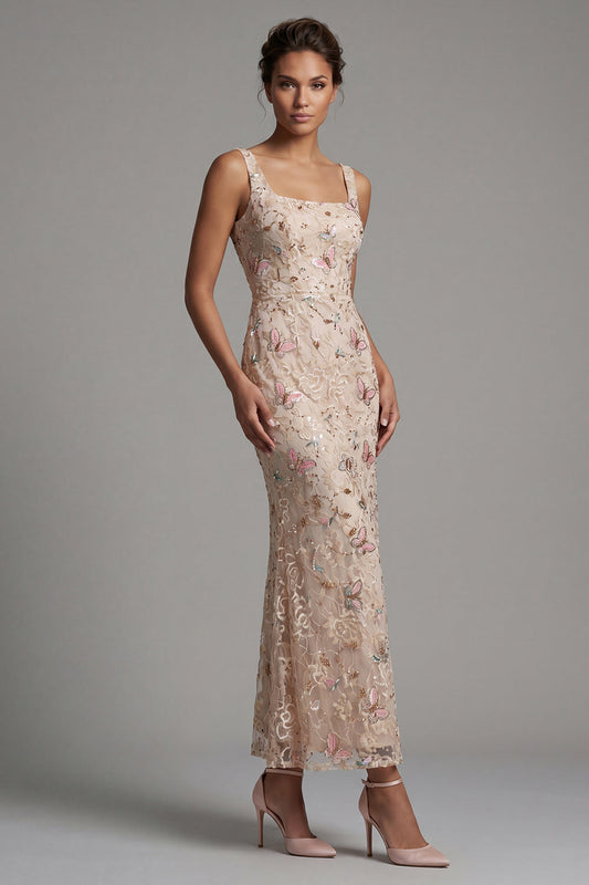 Mermaid Blush Square Neck Beaded Midi Mother Of The Bride Dress