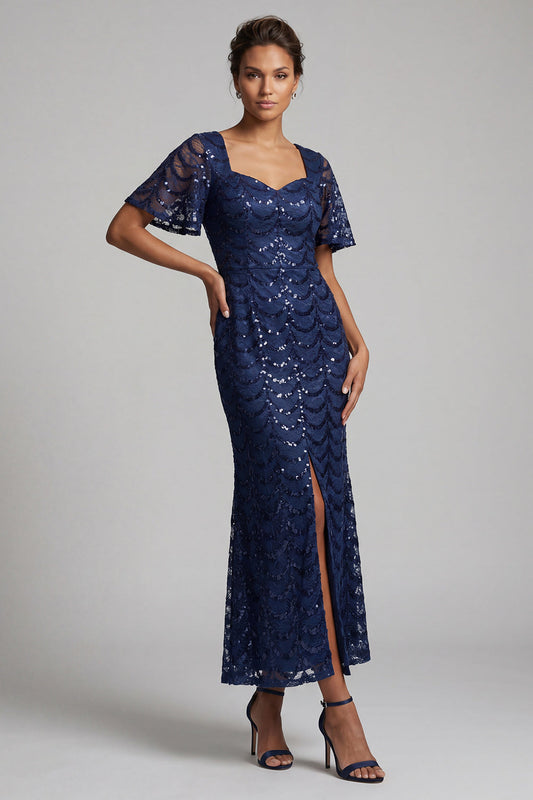 Robe mi-longue sirène bleu marine scintillante à volants et paillettes avec fente pour mère de la mariée