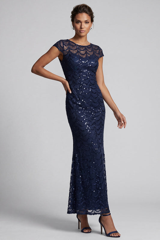 Robe de mariée mi-longue sirène bleu marine scintillant à col rond, sequins et manches courtes pour la mère de la mariée