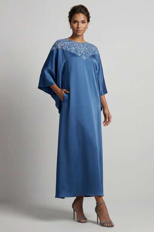 Blue Sheath Round Neck Midi Mother of the Bride Dress with Sequins