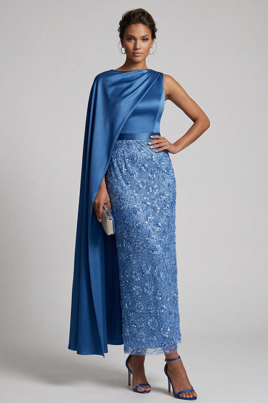 Blue Round Neck Mermaid Sequins Midi Mother Of the Bride Dress with Side Cape