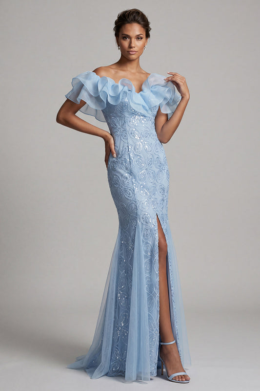 Off-the-Shoulder Light Blue Mermaid Ruffled Sequin Long Mother of the Bride Dress with Slit