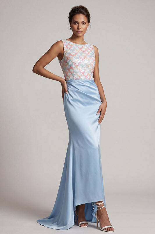 Robe Longue Bleu Ciel Sirène Paillettes Encolure Bateau Mère de la Mariée