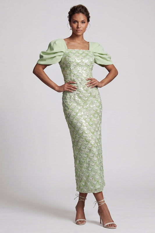 Robe midi de mère de la mariée vert clair sirène à sequins avec manches bouffantes