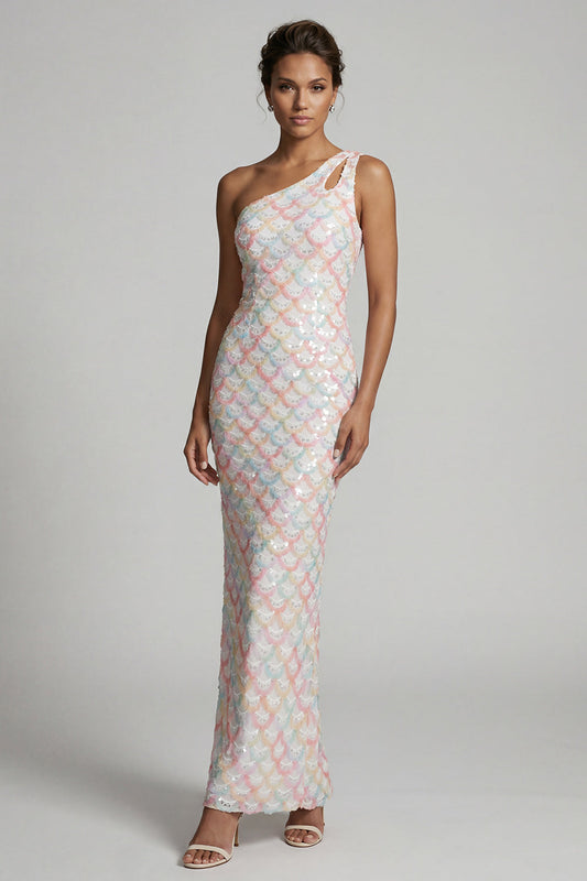 Blush Mermaid One-Shoulder Sequin Long Mother of the Bride Dress