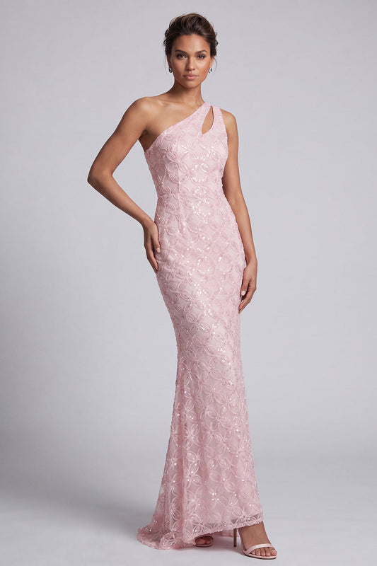 One Shoulder Pink Mermaid Sequined Cut Out Long Mother Of The Bride Dress