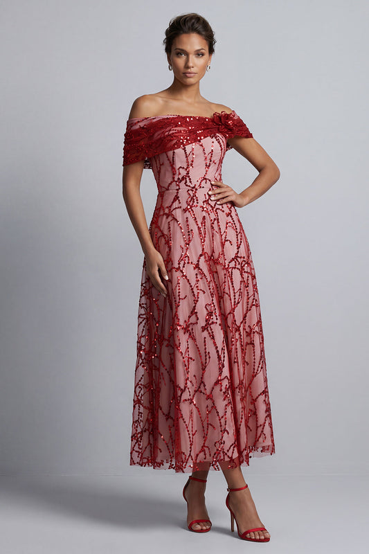 Red Off-the-Shoulder A-Line Sequined Midi Mother of the Bride Dress