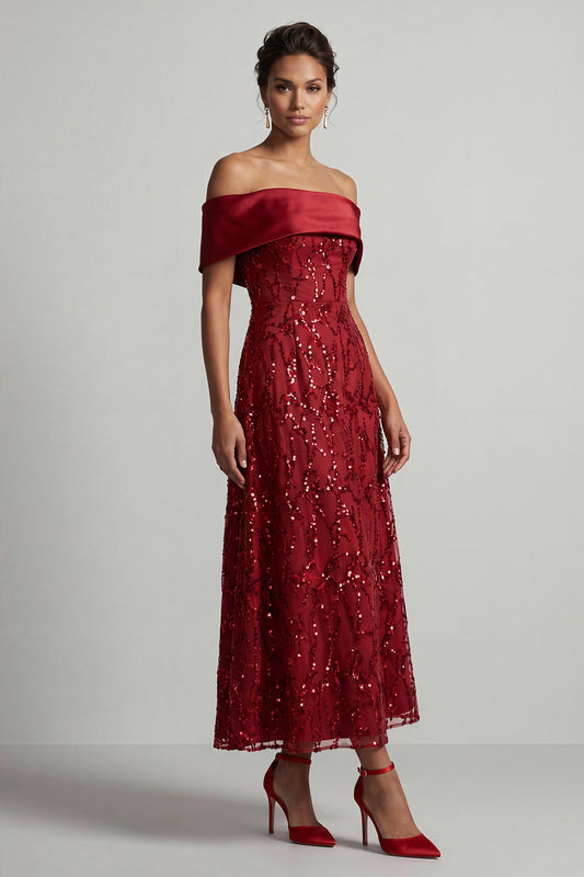 A-Line Red Off-the-Shoulder Midi Mother of the Bride Dress with Sequins