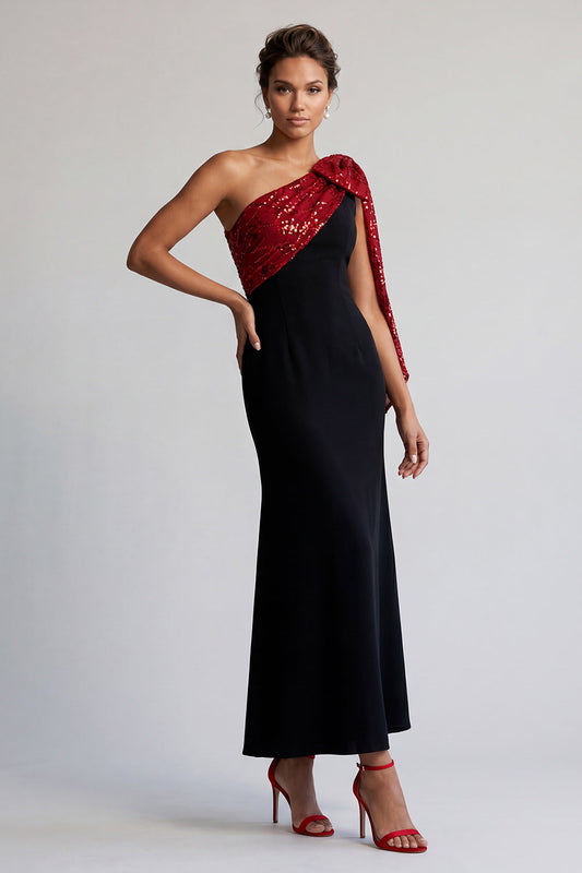Black and Red One-Shoulder Mermaid Midi Mother of the Bride Dress with Sequins