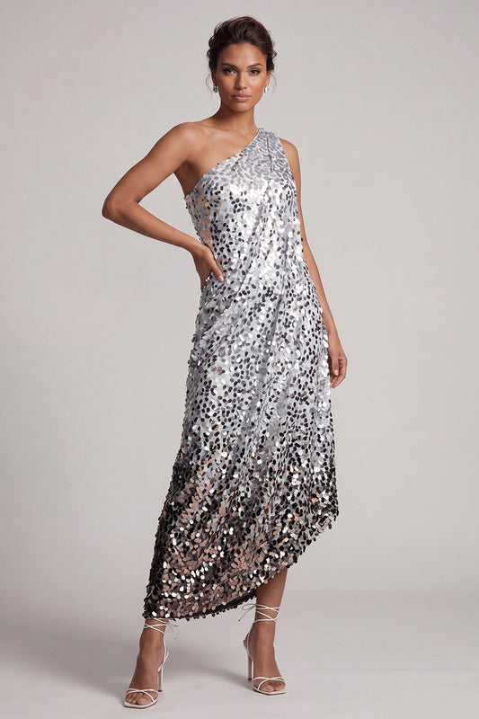 Robe de mère de la mariée sirène asymétrique mi-longue à une épaule, argentée scintillante avec paillettes