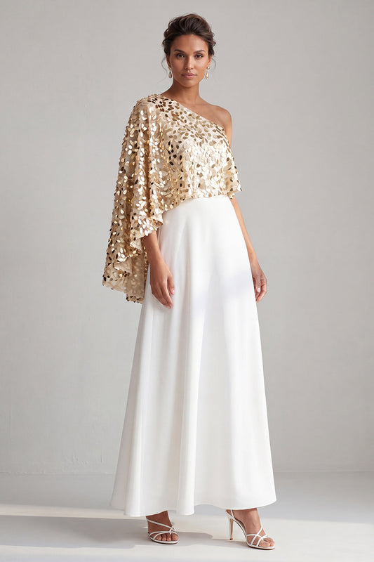 One Shoulder Champagne A-Line Midi Mother Of the Bride Dress with Sequins