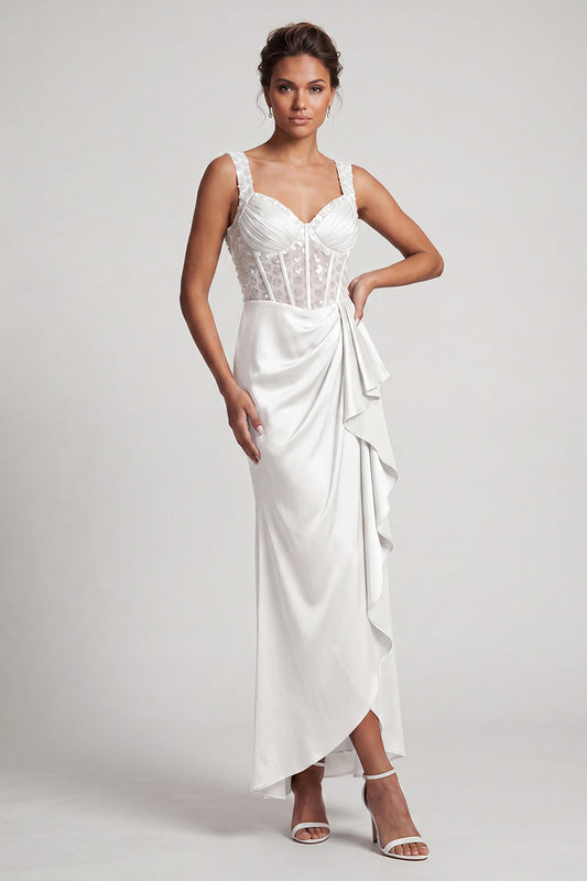 Robe de cocktail sirène blanche avec corsage et sequins froncés à volants, longueur midi, pour la mère de la mariée