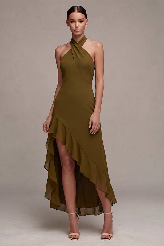 Robe mi-longue évasée en mousseline vert olive avec col licou et volants