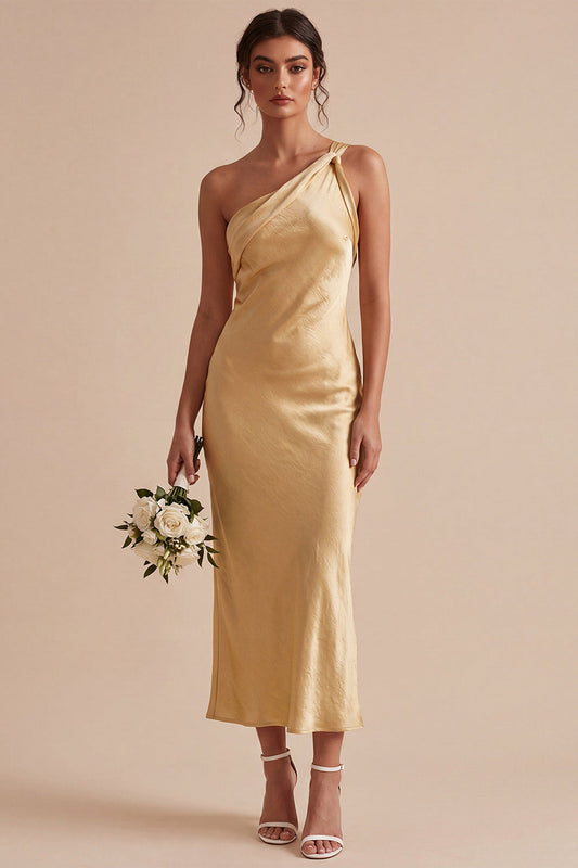 Satin Gold One Shoulder Mermaid Midi Dress